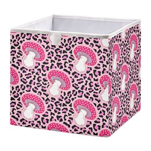mushrooms on crazy leopard background cube storage bin, collapsible storage box bins with cubes, foldable fabric baskets bins for shelf,closet cabinet,home organization, 11.02 x 11.02 x 11.02 inch