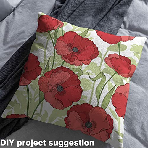 Poppy Flower Fabric by The Yard, Red Floral Upholstery Fabric, Chic Leaves Decorative Fabric, Retro Garden Botanical Indoor Outdoor Fabric, DIY Art Waterproof Fabric, Green Red, 10 Yards