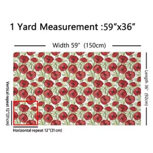 Poppy Flower Fabric by The Yard, Red Floral Upholstery Fabric, Chic Leaves Decorative Fabric, Retro Garden Botanical Indoor Outdoor Fabric, DIY Art Waterproof Fabric, Green Red, 10 Yards