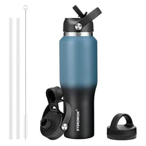 hydrowion 32oz water bottle, double wall vacuum stainless steel insulated water flask with straw lid, spout lid and flex cap(cold for 48 hrs, hot for 24 hrs), leakproof travel thermo mug, blue&black