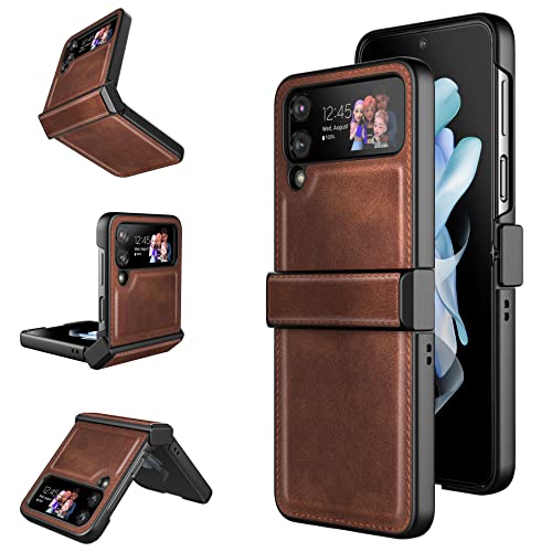 Foluu for Samsung Galaxy Z Flip 4 Case, Z Flip 4 Case with Hinge Protection PU Leather + Hard PC Shell Ultra Thin Slim Durable Protective Case for Samsung Galaxy Z Flip 4 5G 2022 (Brown)