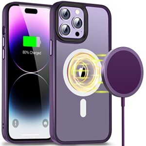 [2 in 1] magnetic case designed for iphone 14 pro max 6.7'', [purple mag safe charger include] compatible with magsafe, military-grade drop protection slim phone case, deep purple