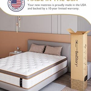 BedStory King Mattress - Made in USA - 14 Inch Hybrid Mattress Medium Feel, Individually Wrapped Coils for Pressure Relief & Motion Isolation, 80”x76”x14”