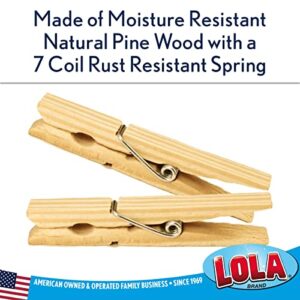 Lola Products Wooden Clothespins | Moisture Resistant Natural Pine Wood | Rust Resistant 7 Coil Spring Clips | Will Hold Up to 10lbs On Each Clothespin | Multipurpose - 50 Pack
