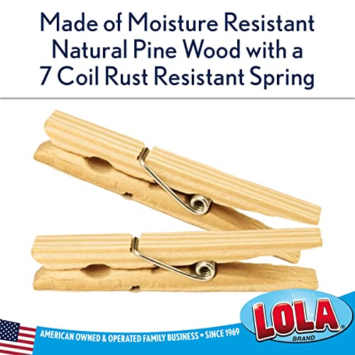 Lola Products Wooden Clothespins | Moisture Resistant Natural Pine Wood | Rust Resistant 7 Coil Spring Clips | Will Hold Up to 10lbs On Each Clothespin | Multipurpose - 50 Pack