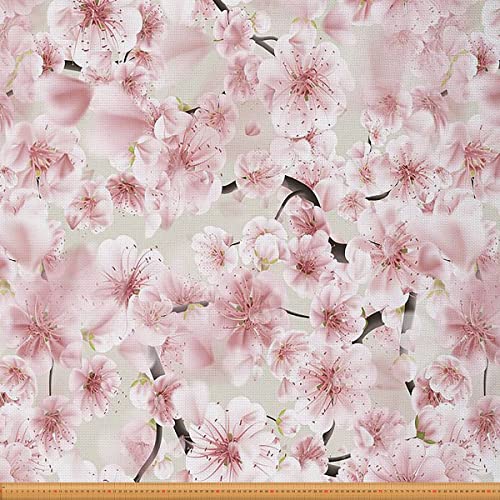 Cherry Blossom Upholstery Fabric, Japanese Flower Fabric by The Yard, Pink Floral Branch Decorative Fabric, Romantic Plant Petals Waterproof Outdoor Fabric, Upholstery and Home Accents, 1 Yard