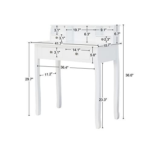 DMAITH Writing Desk with 4 Storage Drawers, Wood Secretary Desks for Home Office, Computer Desk Workstation Laptop Table, Small Vanity Desk for Bedroom, 42" W x 16" D x 36" H, White