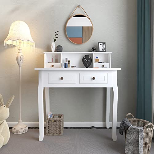 DMAITH Writing Desk with 4 Storage Drawers, Wood Secretary Desks for Home Office, Computer Desk Workstation Laptop Table, Small Vanity Desk for Bedroom, 42" W x 16" D x 36" H, White