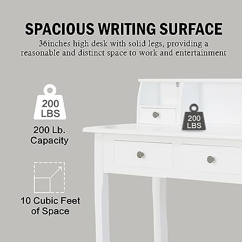 DMAITH Writing Desk with 4 Storage Drawers, Wood Secretary Desks for Home Office, Computer Desk Workstation Laptop Table, Small Vanity Desk for Bedroom, 42" W x 16" D x 36" H, White