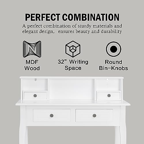 DMAITH Writing Desk with 4 Storage Drawers, Wood Secretary Desks for Home Office, Computer Desk Workstation Laptop Table, Small Vanity Desk for Bedroom, 42" W x 16" D x 36" H, White