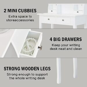 DMAITH Writing Desk with 4 Storage Drawers, Wood Secretary Desks for Home Office, Computer Desk Workstation Laptop Table, Small Vanity Desk for Bedroom, 42" W x 16" D x 36" H, White