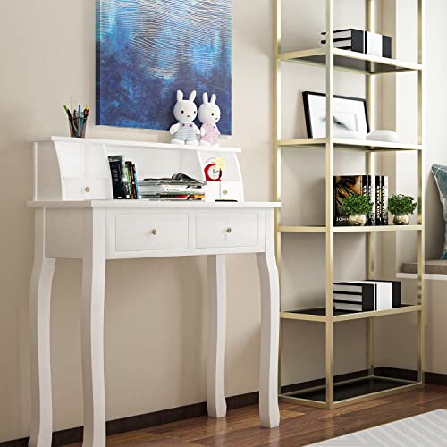 DMAITH Writing Desk with 4 Storage Drawers, Wood Secretary Desks for Home Office, Computer Desk Workstation Laptop Table, Small Vanity Desk for Bedroom, 42" W x 16" D x 36" H, White