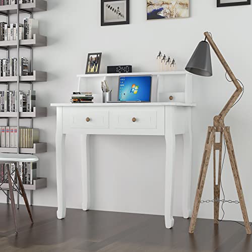 DMAITH Writing Desk with 4 Storage Drawers, Wood Secretary Desks for Home Office, Computer Desk Workstation Laptop Table, Small Vanity Desk for Bedroom, 42" W x 16" D x 36" H, White