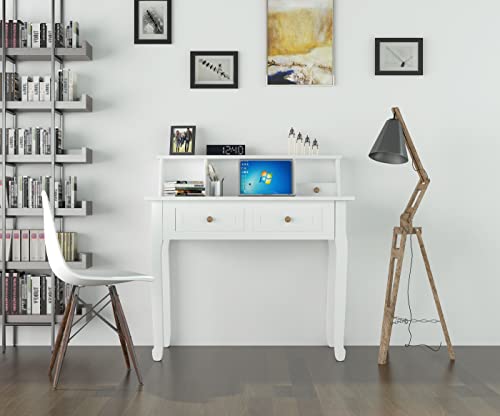 DMAITH Writing Desk with 4 Storage Drawers, Wood Secretary Desks for Home Office, Computer Desk Workstation Laptop Table, Small Vanity Desk for Bedroom, 42" W x 16" D x 36" H, White