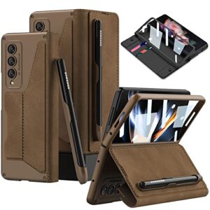 demcert for samsung galaxy z fold 4 5g with s pen slot,military armor cases full body protective anti-scratch hard slim leather bracket case with screen protector for galaxy z fold 4 5g (brown)