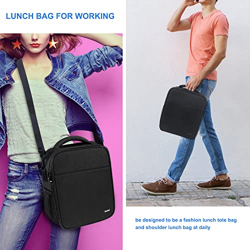 Hsmienk Lunch Box for Men, Large Lunch Bag for Adults Water Resistant Insulated Lunch Bag, Reusable Lunch Box Portable Lunchbox Tote Bag with Adjustable Shoulder Strap for Office Work, Black