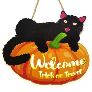 halloween decorations, trick or treat sign for front door decor with light, wooden door hanging decor with black cat on pumpkin for home office school party haunted house