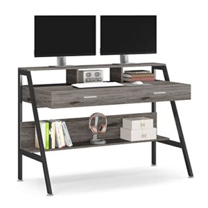 Tribesigns Computer Desk with Storage Shelf & Drawers, Modern 47 inch Office Writing Desk Study Table with Monitor Stand Riser for Home Office Use (Grey)