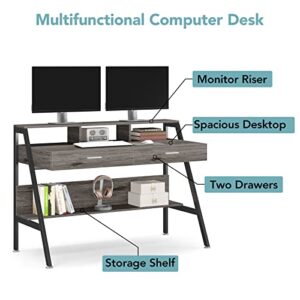 Tribesigns Computer Desk with Storage Shelf & Drawers, Modern 47 inch Office Writing Desk Study Table with Monitor Stand Riser for Home Office Use (Grey)