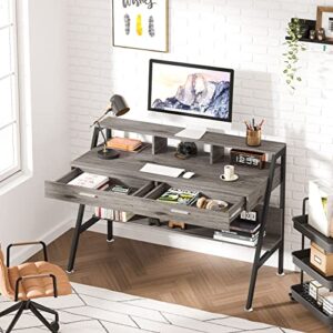 Tribesigns Computer Desk with Storage Shelf & Drawers, Modern 47 inch Office Writing Desk Study Table with Monitor Stand Riser for Home Office Use (Grey)