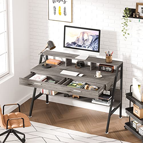 Tribesigns Computer Desk with Storage Shelf & Drawers, Modern 47 inch Office Writing Desk Study Table with Monitor Stand Riser for Home Office Use (Grey)