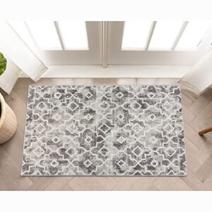 Wonnitar Moroccan Washable Area Rug - 2x3 and 2x4.3 Grey Distressed Entryway Kitchen Rug Non-Slip Modern Geometric Trellis Throw Rug Faux Wool Indoor Floor Carpet for Bedroom Bathroom Laundry