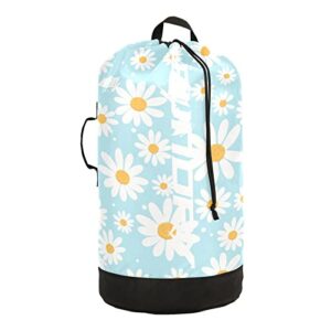 kigai nylon large laundry bag - daisy flower washable laundry backpack, dirty clothes laundry hamper with drawstring closure & shoulder straps for camp, home, travel, dorm - 14.5" x 29.3"