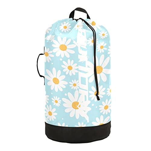 Kigai Nylon Large Laundry Bag - Daisy Flower Washable Laundry Backpack, Dirty Clothes Laundry Hamper with Drawstring Closure & Shoulder Straps for Camp, Home, Travel, Dorm - 14.5" x 29.3"