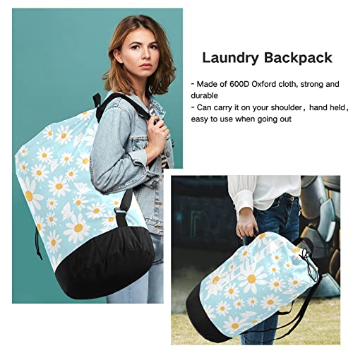 Kigai Nylon Large Laundry Bag - Daisy Flower Washable Laundry Backpack, Dirty Clothes Laundry Hamper with Drawstring Closure & Shoulder Straps for Camp, Home, Travel, Dorm - 14.5" x 29.3"