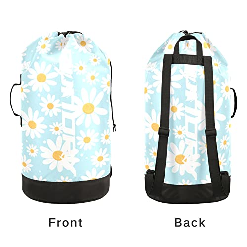 Kigai Nylon Large Laundry Bag - Daisy Flower Washable Laundry Backpack, Dirty Clothes Laundry Hamper with Drawstring Closure & Shoulder Straps for Camp, Home, Travel, Dorm - 14.5" x 29.3"