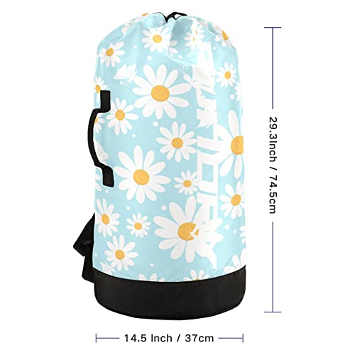 Kigai Nylon Large Laundry Bag - Daisy Flower Washable Laundry Backpack, Dirty Clothes Laundry Hamper with Drawstring Closure & Shoulder Straps for Camp, Home, Travel, Dorm - 14.5" x 29.3"