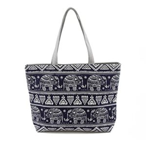 topasion elephant tote bag with zipper inner pocket, reusable grocery shoulder bag, beach bag shopping bag for women (blue elephant)
