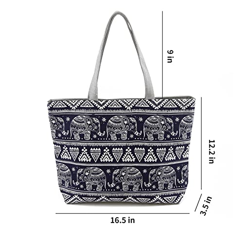 TOPASION Elephant Tote Bag with Zipper Inner Pocket, Reusable Grocery Shoulder Bag, Beach Bag Shopping Bag for Women (Blue Elephant)