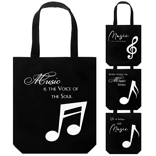 Coume 4 Pieces Music Bag Canvas Music Totes for Piano Books, Reusable Grocery Bags, Piano Teacher Gifts Music Lover Black, White