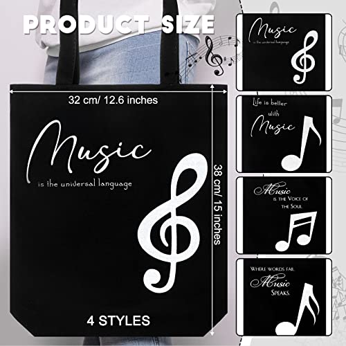 Coume 4 Pieces Music Bag Canvas Music Totes for Piano Books, Reusable Grocery Bags, Piano Teacher Gifts Music Lover Black, White