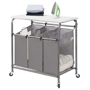 storage maniac 3-section laundry sorter with foldable ironing board, heavy-duty rolling laundry cart with and removable bags, triple laundry hamper with wheels, dark grey