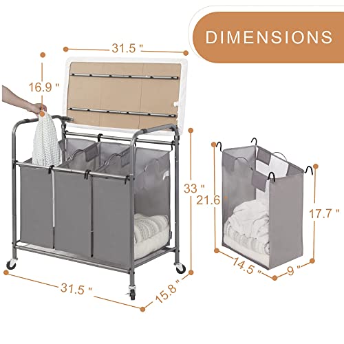 STORAGE MANIAC 3-Section Laundry Sorter with Foldable Ironing Board, Heavy-Duty Rolling Laundry Cart with and Removable Bags, Triple Laundry Hamper with Wheels, Dark Grey