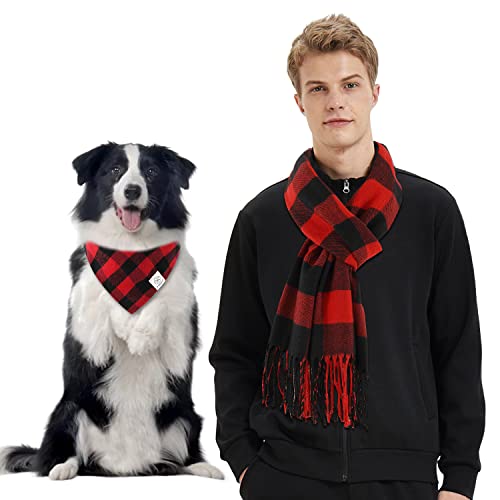 E-Clover Dog Bandanas Matching Owner Scarf Buffalo Plaid Dog Bandana Bibs with Tartan Scarves Shawl for Medium Large Dogs Dad Mom Costume Red Black