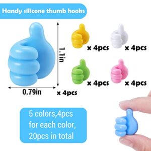 AIERSA Thumb Hooks Silicone, 20Pcs Self Adhesive Thumb Shaped Wall Hook Holders for Car, Holding Cables, Keys, Cord Etc, Mixed Colors