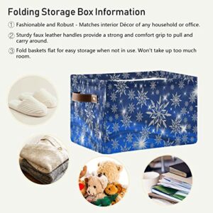 Winter Christmas Blue Snowflakes Storage Basket Xmas Snow Flakes Storage Organizer Box Bin Large Collapsible Cube Baskets with PU Handles for Shelf Closet Nursery Laundry 1 Pack