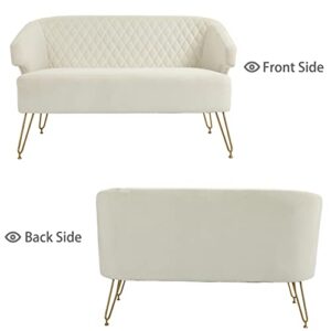 Homtique Velvet Loveseat Modern Tufted Accent Sofa Chair with Metal Golden Legs Upholstered 2 Seaters Couch for Small Spaces Elegant Settee Bench for Living Room, Bedroom, Apartment (White)