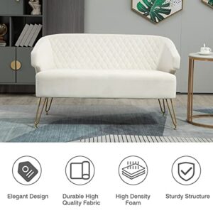 Homtique Velvet Loveseat Modern Tufted Accent Sofa Chair with Metal Golden Legs Upholstered 2 Seaters Couch for Small Spaces Elegant Settee Bench for Living Room, Bedroom, Apartment (White)