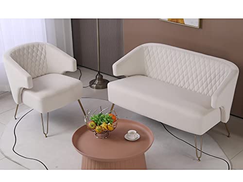 Homtique Velvet Loveseat Modern Tufted Accent Sofa Chair with Metal Golden Legs Upholstered 2 Seaters Couch for Small Spaces Elegant Settee Bench for Living Room, Bedroom, Apartment (White)