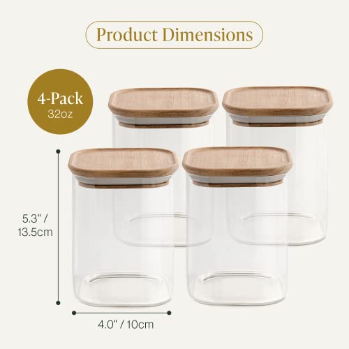 Bloom & Breeze Airtight Glass Pasta Containers for Pantry, Spaghetti Container, Glass Cereal Containers Storage, Rice Dispenser, Square Glass Storage Acacia Lids, Pack of 4, 32oz