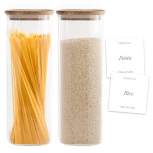 bloom & breeze airtight glass pasta containers for pantry, spaghetti container, glass cereal containers storage, rice dispenser, square glass storage acacia lids, pack of 2, 73oz