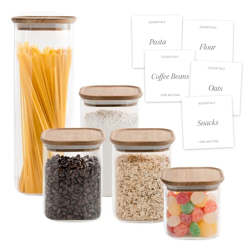 Bloom & Breeze Airtight Glass Pasta Containers for Pantry, Spaghetti Container, Glass Cereal Containers Storage, Rice Dispenser, Square Glass Storage Acacia Lids, Pack of 5