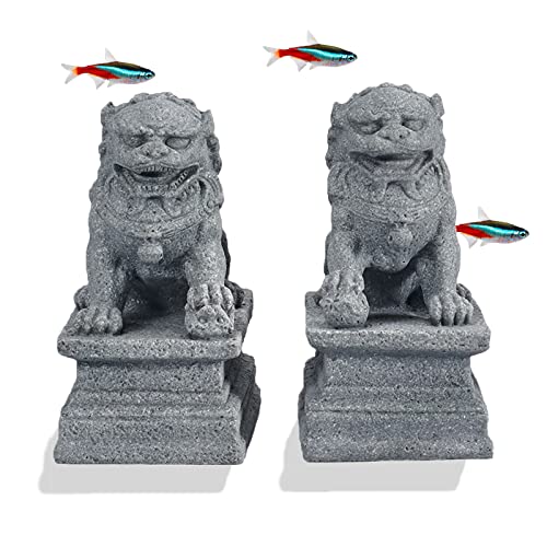 livelyfish Asian Fu Foo Dogs Statues Mini A Pair of Guardian Lion Figurine Sandstone Pets Fish Tank Aquarium Landscape Ornaments Accessories Feng Shui Decorations, A