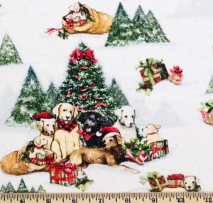 1/2 yard - christmas puppies puppy dogs on snowy scene cotton fabric (great for quilting, throws, sewing, craft projects, and more) 1/2 yard x 44"