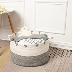 Decospark XXXL Cotton Rope Basket For Toy And Blanket Storage| 21.7" x 13.8" | Soft Long Handles | Decorative Home Organizer Ideal For Living Room, Baby Clothes And Laundry (Grey and White)