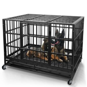 wokeen 48/38 inch heavy duty dog crate cage kennel with wheels, high anxiety indestructible dog crate, sturdy locks design, double door and removable tray design, extra large xl xxl dog crate.